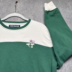 Green White Colorblock Crewneck Sweatshirt Floral Embroidered Pullover Small